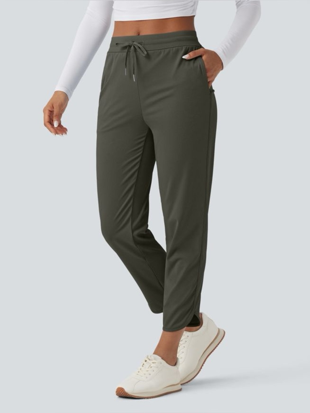 HALARA MidRise Quick Dry Golf Tapered Pants w Pockets-UPF40+ (Olive color,M)